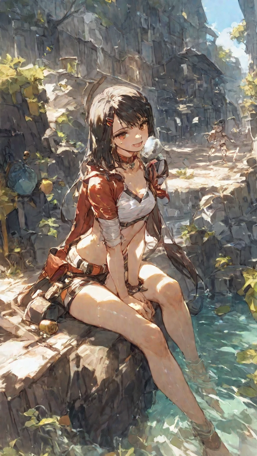 Hdr, sexy woman, anime style, human, half body, gulled in river, dense jungle, brown hair, dirty, wet, big breasts, detailed eyes, looking at camera, anime, detailed elements, top green top, ((radgado)), clothing, (((ripped)), anime, woman, human, big breasts
