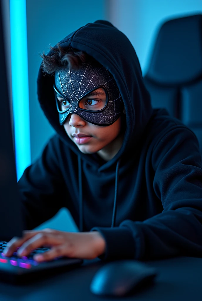 A boy holding ipad and playing pubg mobile he wearing a black mask