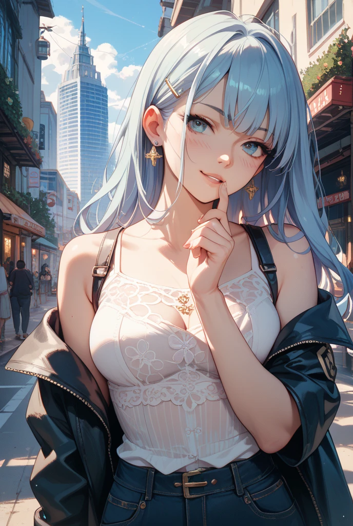 1 girl, 16 years old, Dynamic posing, dynamic angle, Arrange pose,Top quality work,Show Legs,(long white hair),(blue eyes), Rose cheeks, Pretty Face, A perfectly proportioned face, casual grey mini dress, tokyo street, round small breasts, summer