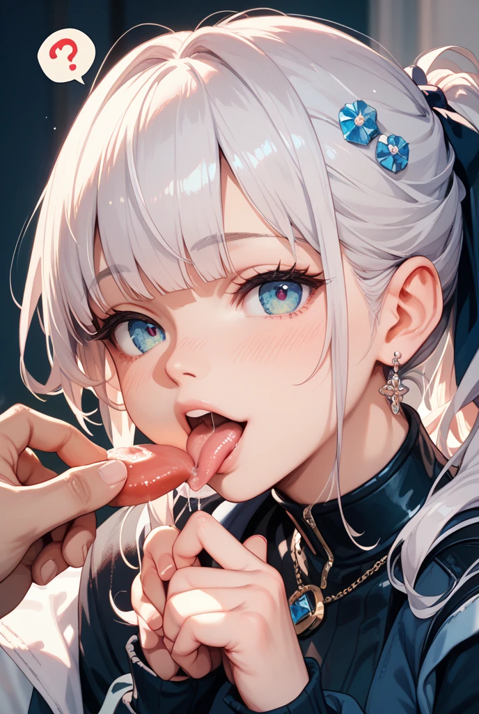 NSFW,(((Blowjob、semen、おっぱいに付いたsemen))),slightly larger breasts、(licking my dick:1.2), (holding penis:1.2), (tongue out:1.3)、small areola、Beautiful woman, long gray hair, high ponytail, Small pink eyes, Black bat wings, black dress, highest quality、Raw photo、(Photoreal:1.1)、European castle rooftop with chandelier、old european streets、blue sky、Angle from the side