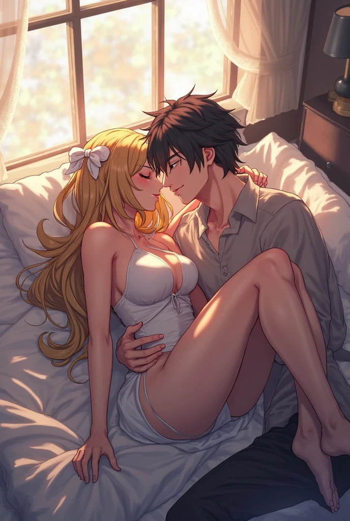 anime,A man has sex with a busty girl while groping her big breasts.Boy and Girl,Middle school students,kiss,Erotic atmosphere,On the bed,Sexy clothes,Risky
