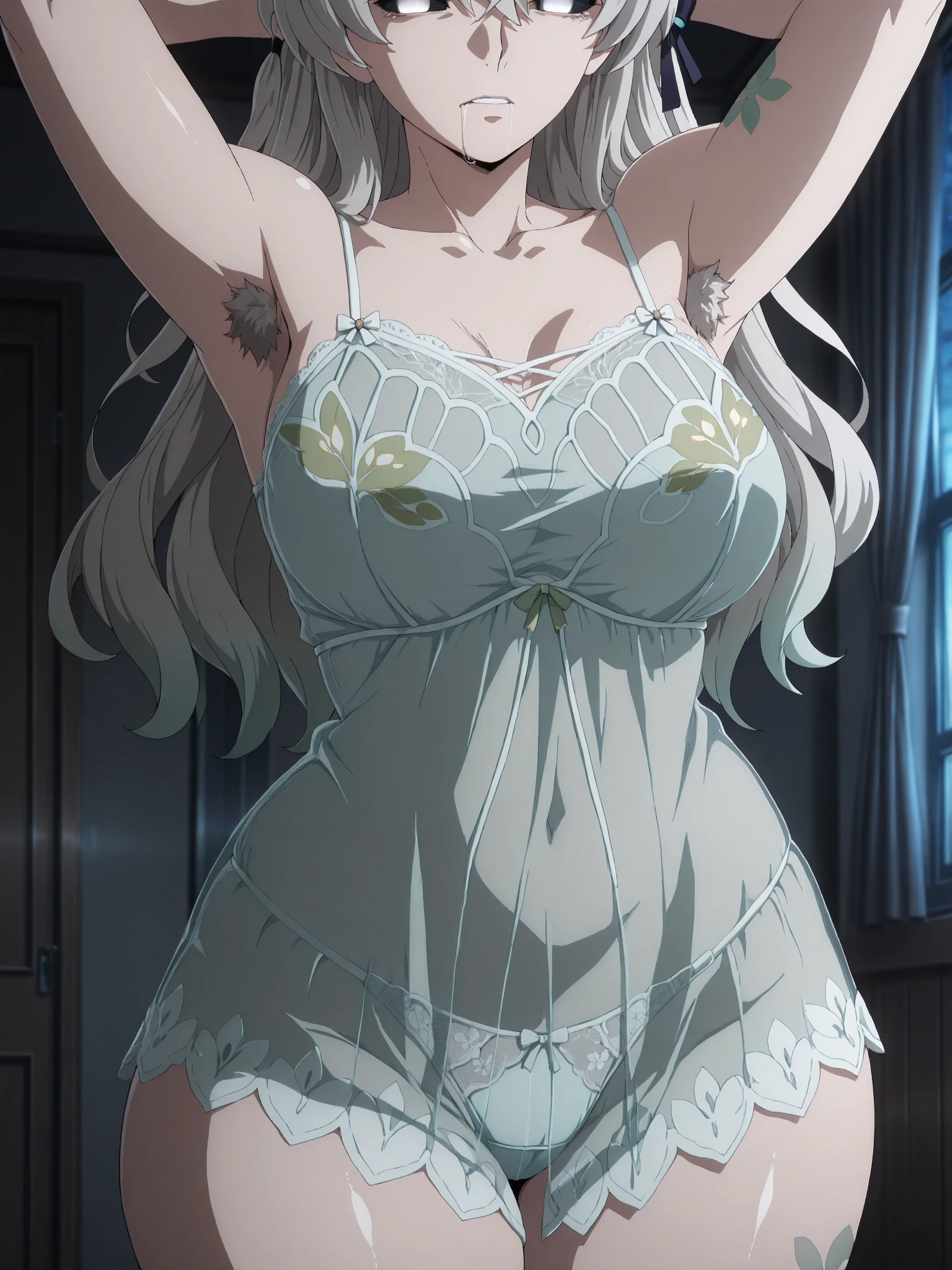 masterpiece:1.2, best quality), (finely detailed beautiful eyes: 1.2), (extremely detailed CG unity 8k wallpaper, masterpiece, best quality, ultra-detailed), (masterpiece, best quality:1.2), 1girl, female solo, medium breasts, perky tits, rounded breasts, shining breasts, perfect eyes, perfect face, perfect body, seductive, looking at viewer, cleavage, alisa, silver hair, long hair, blue eyes, 170cm tall, red lace bra, red lace panties, red lace lingerie,