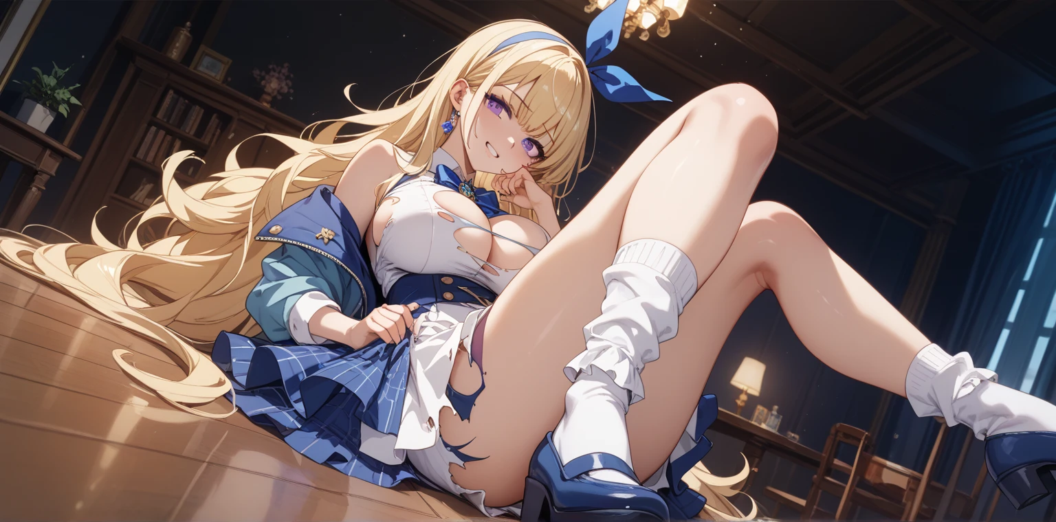 A 12 year old girl with a cute Alice in Wonderland blonde wavy headband sits naked with her legs spread wide showing her ass, anus, pussy and small nipples.。I don't wear any underwear。A pose where you can be seen from below。are small。Pose that shows your anus。pussy and anus are spread。Spreading legs with both hands。taking off the apron dress。SEX。NFSW