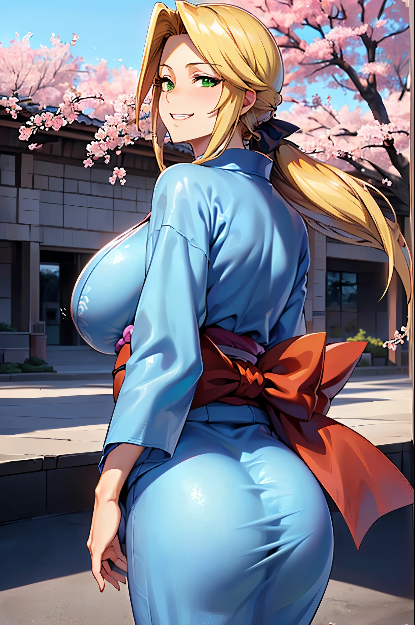 ((woman,(Huge breasts:1.8), very red lips,Huge breastsを強調,Big Ass,Narrow waist,Long legs,Are standing,greenish blue eyes)) 8K(((((Anime style face,(Anime style faceの描写しっかり))8K(((Break,Break顔,Handsome,A dashing face,There are cherry blossoms,The wind is blowing))) 8K(((Clear body lines,Tight-fitting clothing,Clothes that show off your bust,胸のラインがはっきりTight-fitting clothing))) 8K(((Japanese Costume,kimono,european style costume,Tight fitting clothes,Clothes that fit tightly to the body,Clothes that show off your body lines))) (1 girl:1.2), alone, Hime Cut,伝統的なJapanese Costume, A soft smile