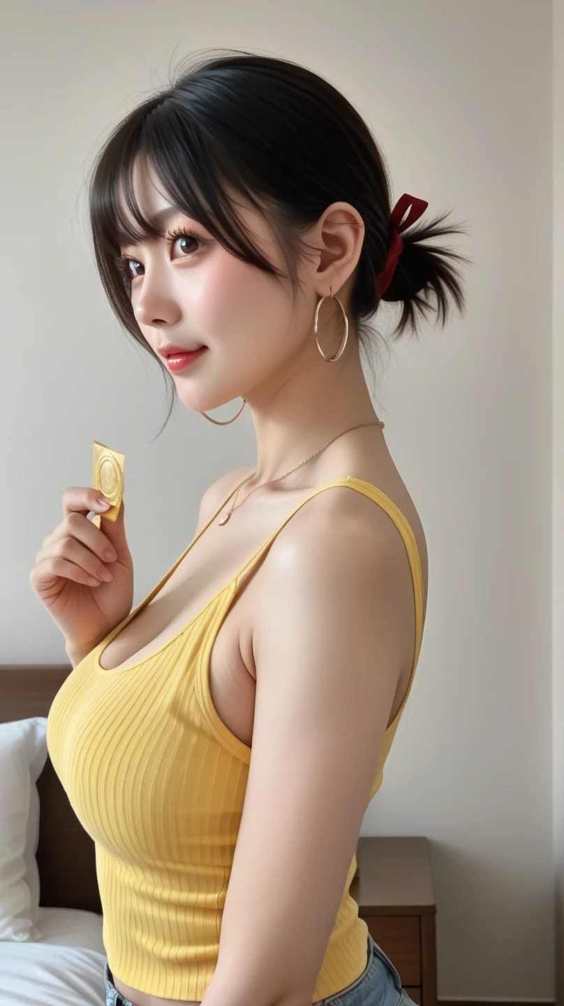 (Realistic、High resolution:1.3)、(One girl with a perfect figure)、Very narrow face and eyes、short hair、Tight off-shoulder:Random color 1pc.2、(See the detailed shoulder straps of the orange lingerie:1.5), short jean skirt、At the cafe、Coffee on the table、huge 、Exposed cleavage