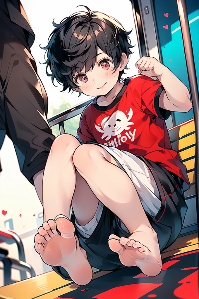 Shota, black hair with white tips. Messy, shoulder-length hair. Pure black eyes. face . Cheeks, red nose and ears. pale skin color. facial expression: Panic eyes. tears. mouth half open. Fleshy and pink lips. arms, legs, body, little ones. CLOTHES: Just a big baggy shirt, not pants, not underwear. . pose: sitting on a lap being held by the hips and trying to remove his hands from his hips. perspective: perspective del chico que le agarra las caderas.