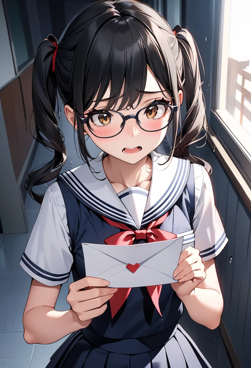 1girl, solo, glasses, shirt, open mouth, love letter, skirt, long hair, white shirt, black hair, braid, looking at viewer, ribbon, red ribbon, red-framed eyewear, heart, holding, short sleeves, blush, bangs, blood, neck ribbon, collared shirt, school uniform, black skirt, nosebleed, letter, indoors, upper body, pleated skirt, blurry, bright eyes, clear eyes, mi-style
