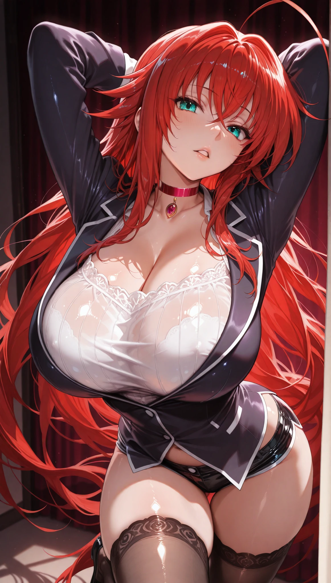 masterpiece, best quality, absurdres, highly detailed face, ultra detailed character, high quality, ultra detailed, rias gremory, high school dxd, solo, 1girl, head to thigh framing, seductive gaze, parted lips, blazer pushed tight against chest, huge breasts pressing forward, glossy skin, deep neckline, black micro shorts hugging hips, glossy sheer stockings, one leg slightly bent, hands behind head, ruby gem choker, soft red indoor lighting, stylish attitude