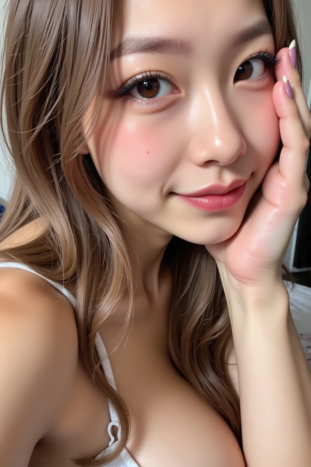 Asian,(brown race), blonde hair,1 girl,ticker、((full nude))、Married woman、Close-up of the face from above while lying on the bed、((Get angry))、cry、((glare))、(Photoreal)、dirt、(huge breasts)、(dark room)、concrete wall、(sweaty skin) (real face))、(((No makeup)))、