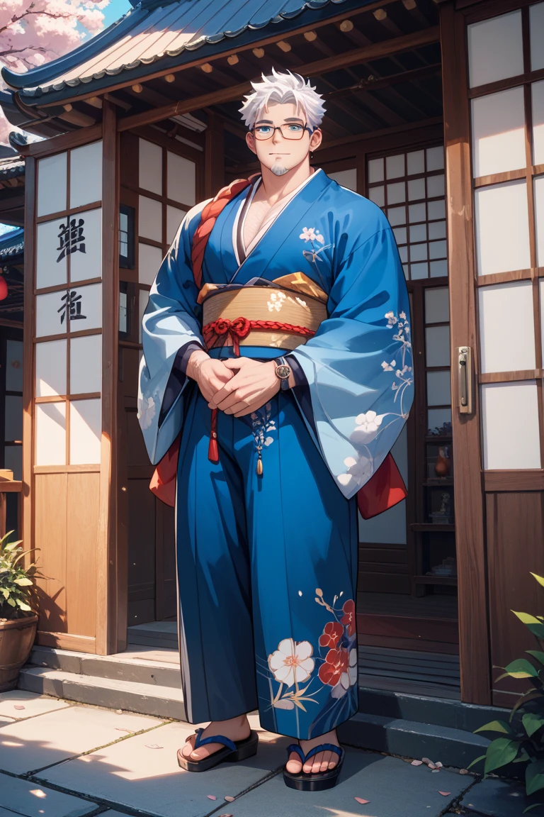 Top quality, masterpiece, High resolution, Men in their 20s male focus, Solo, Beautiful boy, Hands on hips, cleavage, Watch viewer, Smiling, Open mouth, Summer festival, Market stall, Lanterns, Blue yukata, Beautiful lighting, Handsome, Men, Very detailed. Glasses. Long bangs. Green hair.