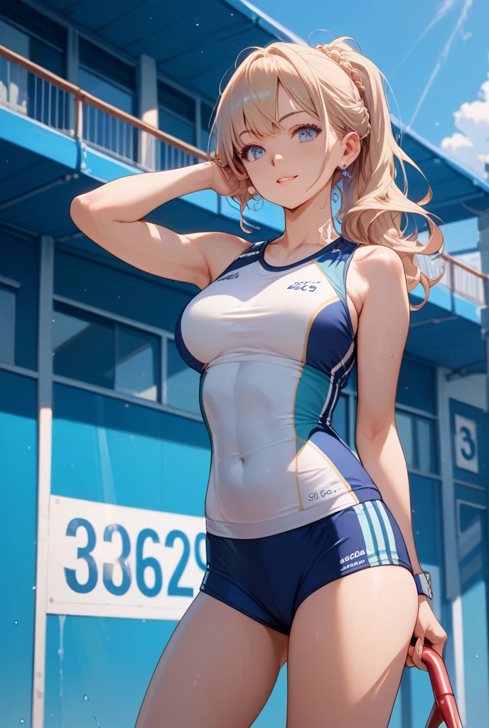 Android18Number、School Swimsuit、UHD, retina, masterpiece, accurate, anatomically correct, textured skin, super detail, high details, high quality, best quality, highres, 8k