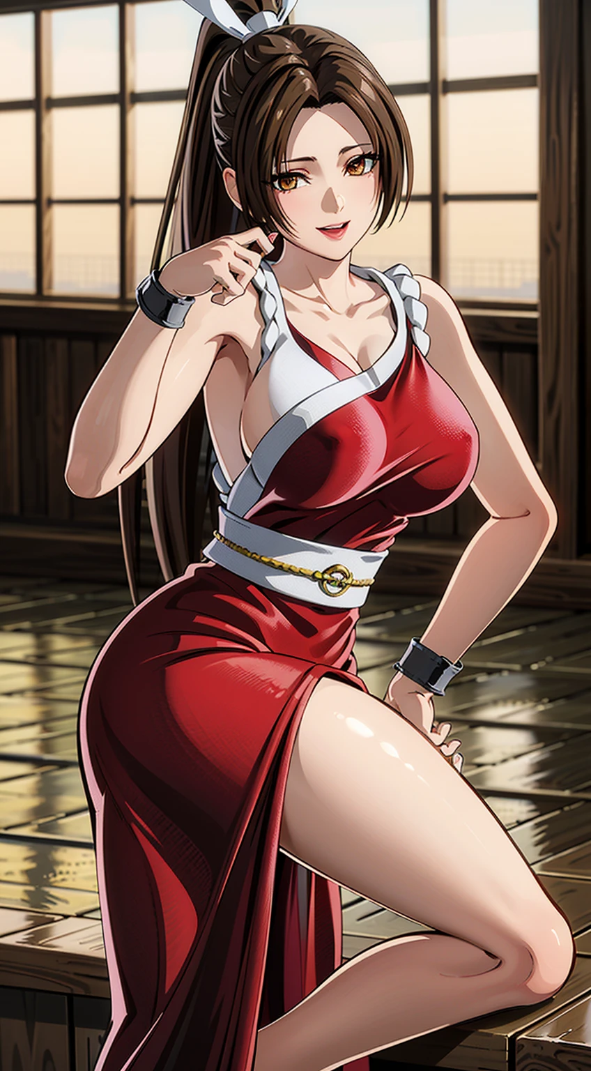 masterpiece, best quality, beautiful art, high resolution, well formed hands, body and fingers, 1 woman, solo, Mamako Oosuki, cosplaying as Mai Shiranui , adult, big breasted, cleavage full body, long hair, hair ornament, gorgeous legs and thighs, sexy Japanese clothes, hair ornament, elbow gloves, dancing seductively and erotically, smiling joyfully, sweating ,looking at the viewer, flirting, beach environment