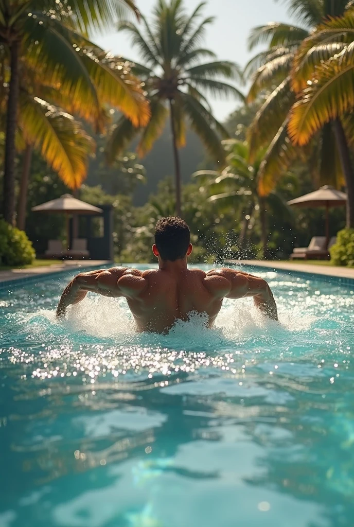 A handsome muscular man naked in swimming pool 