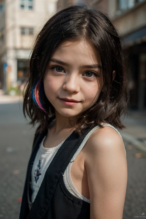 A 10 year old girl with medium length black hair, children's pigtails hair, Caucasian facial structure, a beautiful smile on her face and a deep look, blue short crop top, small skirt, bare shoulders, marked nipples, she in a dark alley,