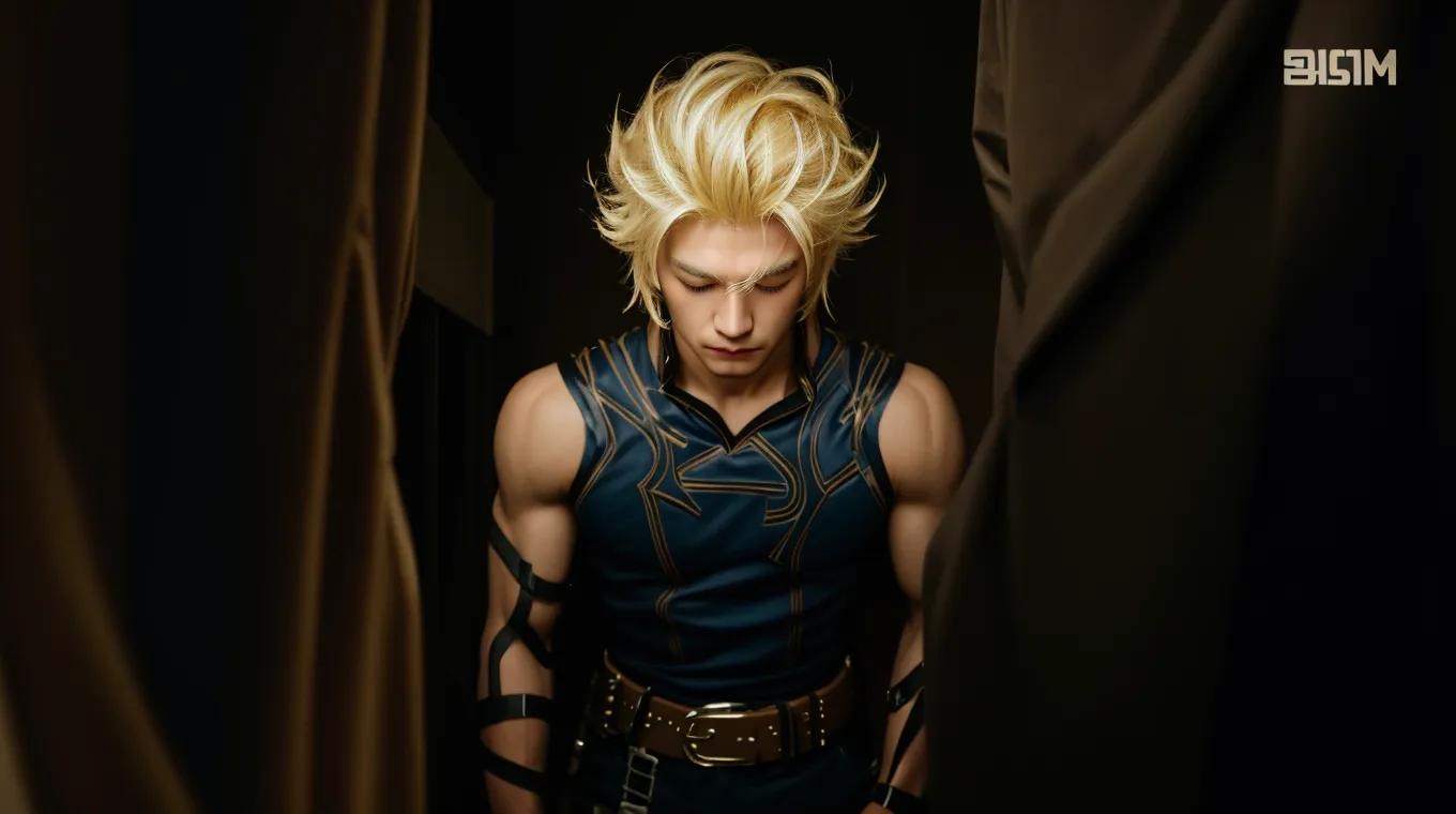Bakugou Katsuki, long blonde hair with braids, red eyes, he is dressed in medieval pants, is shirtless, but wears a cape with animal fur, perfect appearance, high resolution, full body. Set in a medieval castle made of marble. His expression is pretentious.