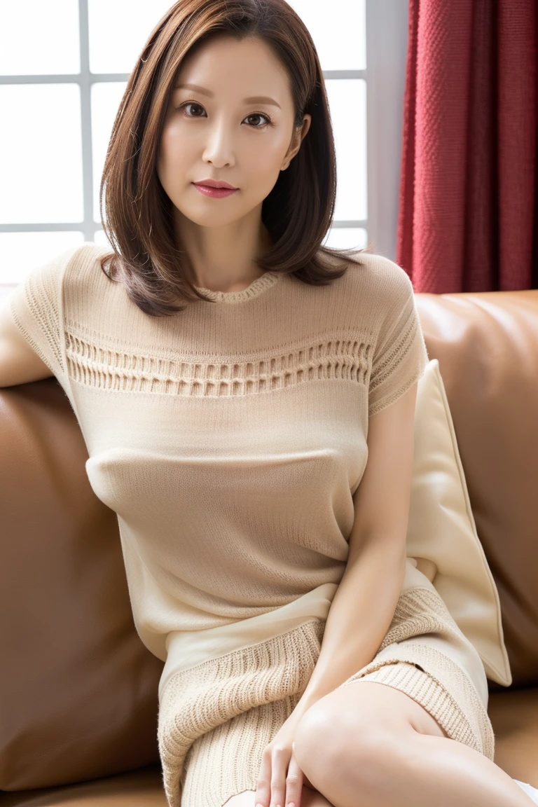 ((best quality, 8K, masterpiece, portrait: 1.3)), (looking at the audience), (tabletop), attractive mature woman, 1 person, slightly thick:0.４,light brown short bob、 loose gray knit, beige tight skirt,((Big 1.5)) (large pelvis:0.9), ((on the sofa bed)), ((seat))、,Good posture、Living room receiving strong afternoon sunlight、((friendly smile))、fascinating eyes、((living space in the house))、


