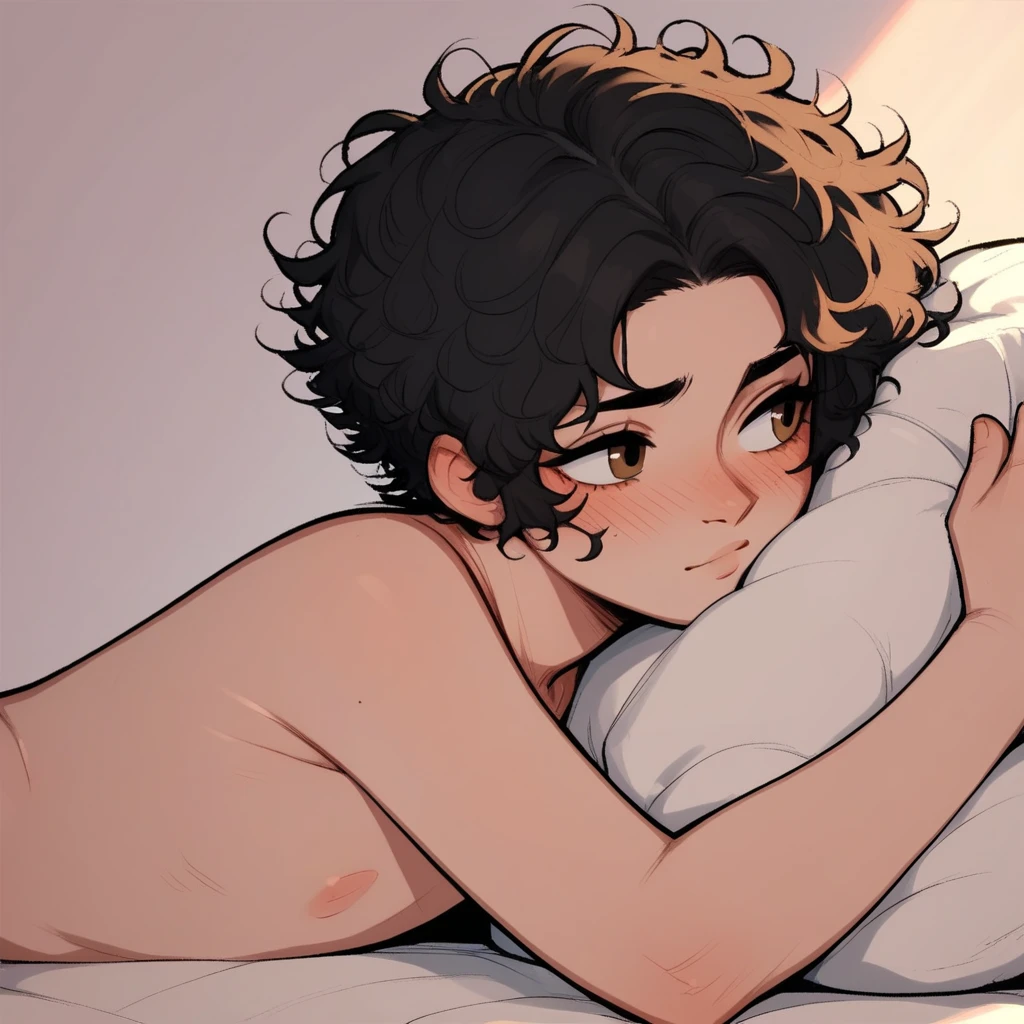 A woman is lying in bed, wearing nothing, red cheeks, no make-up, long eyelashes, embarrassed expression, embarrassed expression, short curly hair, soft light. , emphasize the face, masterpiece, highest resolution
