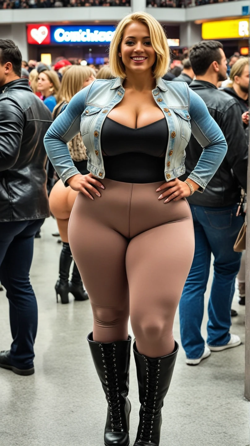 Woman in street, curvy body, very detail ,wide hips, loong legs ,thick high, full body in camera, wearing strap wedges, cropped knitted sweater,baggy pants