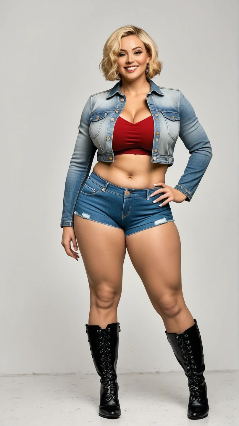 Detailed and realistic depictions of a lush 22-year-old afro woman radiating a distinctive pin-up style. Long curly hair. Yellow sandals with transparent stiletto heels, a checkered blouse and small light denim shorts. Extremely sexy. realist. Although the classic features are present, the pin-up talent is undeniable. Artistic tattoos add a contemporary touch. Their postures and expressions, combined with their pin-up looks, create a fusion between classic vintage and contemporary. White photo studio background, hot session. ultra-realistic photography.