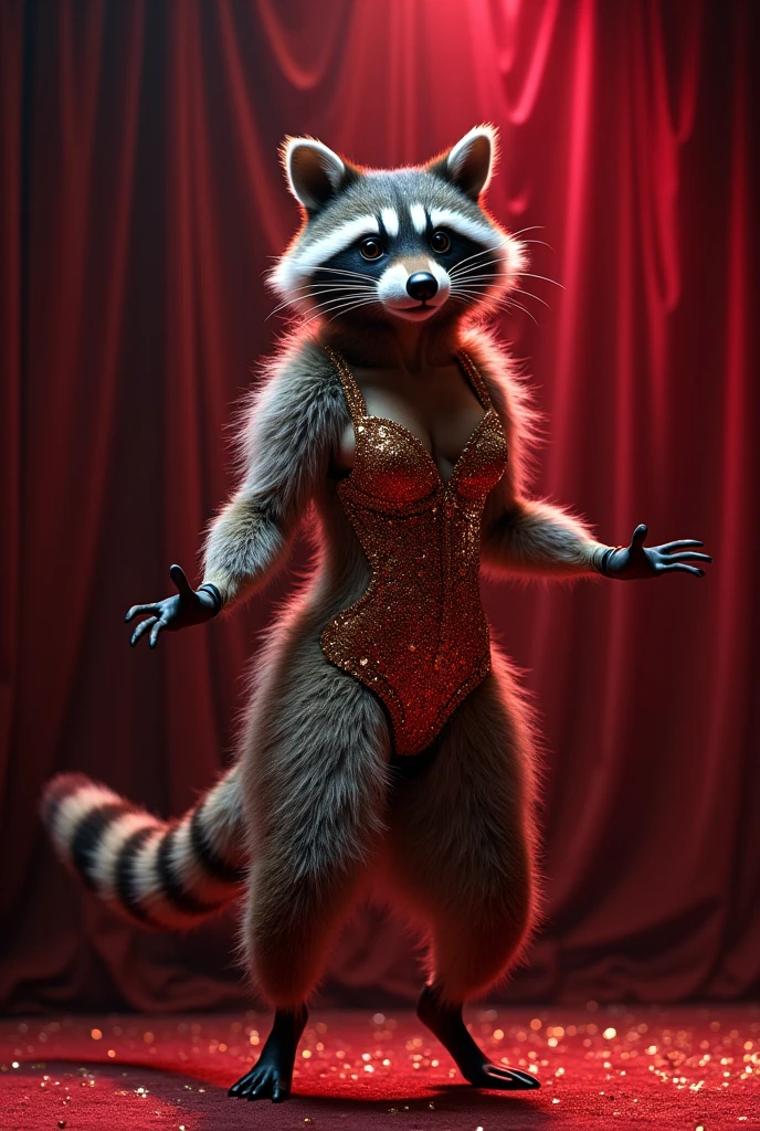a female raccoon in a red outfit/golden and a blonde wig from the singer Joelma from the band calypso