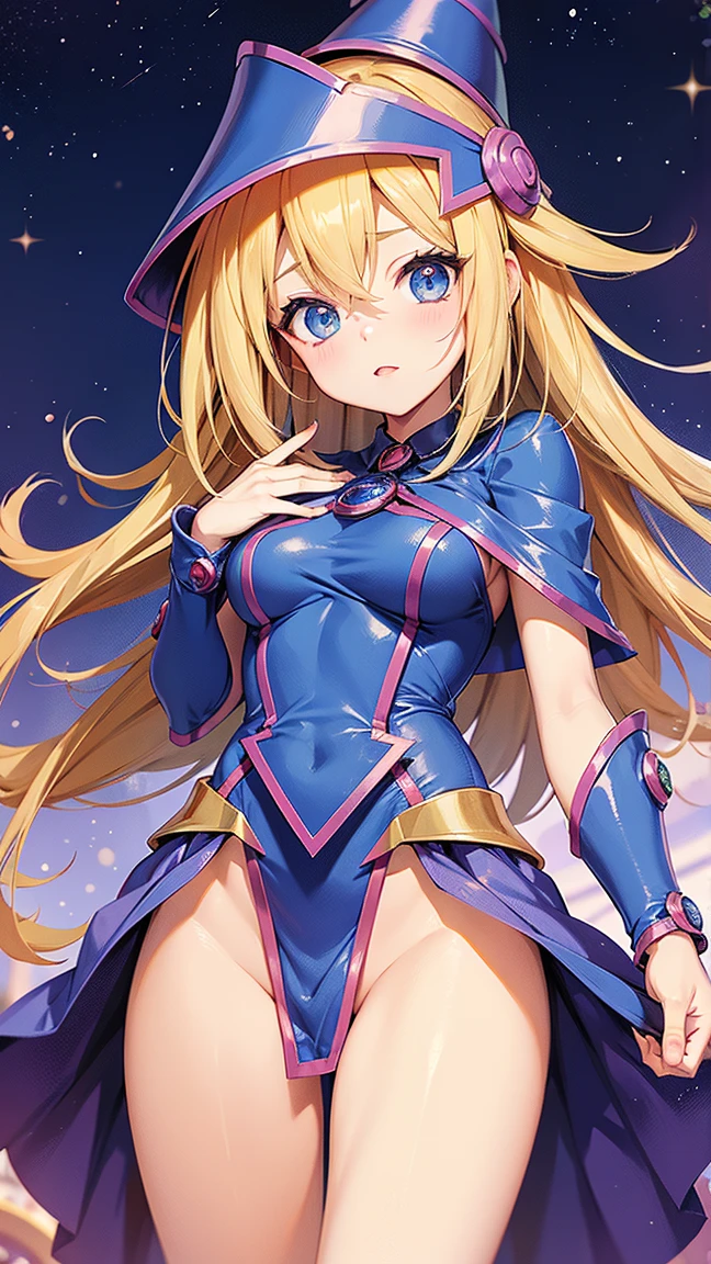 Super detailed, very detailed, masterpiece, highest quality, highest quality, confused, High resolution, dark magician girl, (1 girl:1.2), alone, detailed face, dynamic pose, hair flow, (whole body:1.1), blonde hair, long hair, looking at the viewer, green eyes, skin dents, fine skin, skin pores, (shiny skin, Glossy skin:1.1), More about rosy skin, chest, nail polish, skirt, blue footwear, blue hat, wizard hat, wall, The holding has, (blue panties:0.9), (summon circle:1.1), trigram, pentacle, pentagram, 遊戯王!, duel monster, Purple Magic Field, shine, detailed background, complex background,