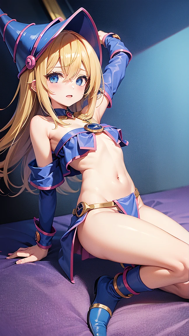 Highest quality, masterpiece, 4K, Highly detailed face, Highly detailed skin, Highly detailed wallpaper, Japanese anime, Second Dimension, Small face, Fine skin, Very beautiful cleavage, NSFW, whole body, One girl, Embarrassed face, On the bed, Blonde, Yu-Gi-Oh, Black Magician Girl, Sweaty, Cosplay, Swimwear, mini skirt, Gestures to seduce a man, Spread your legs in an M shape