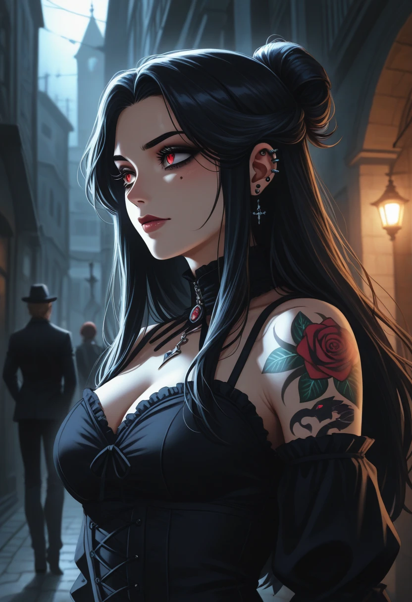 27 year old gothic dress, showing her large breasted and huge buttocks sudectress posing. Intricate Tattoos (top-quality、8K、UHD, wlop、​masterpiece、nffsw:1.3)、(The ultra -The high-definition)、(Photorealsitic:1.4)、Raw photography、The upper part of the body,Charming perfect figure,actionpose:1.2,Detailed Transylvania background at night .depth of fields,high definition backround,、intricate details. Elaborate dynamic background.