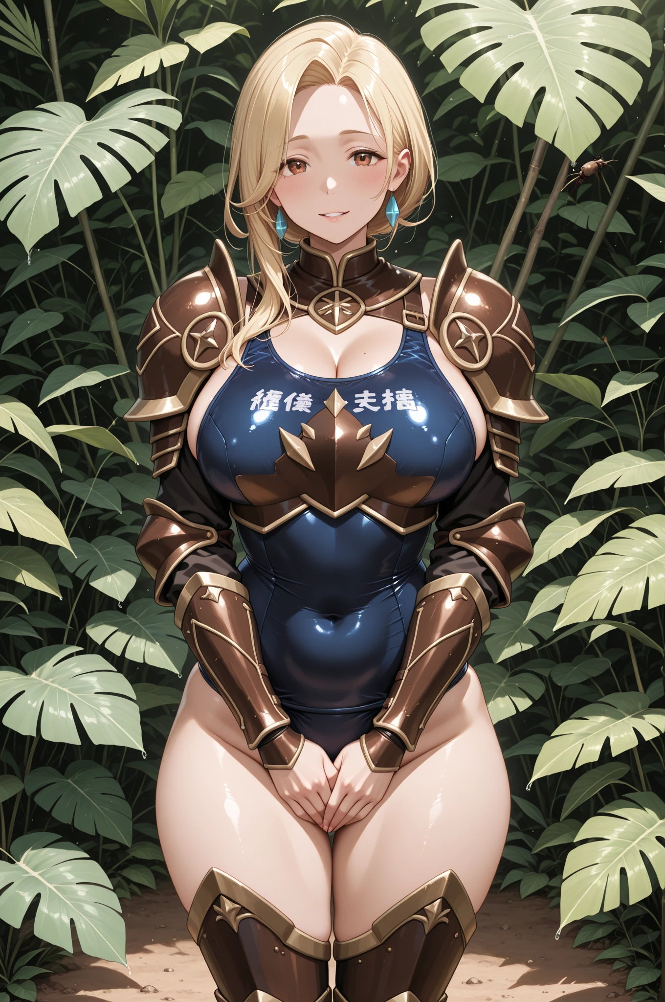 "(masterpiece:1.1), best quality, NSFW, 
1girl, (80s anime style:1.3), (eyelashes:1.5), (loli:1.2), 
(intricate high detailed body:1.2), 
(blonde hair:1.1), (hair between eyes:1.1), (twintails, wavy hair:1.1), (animal ears:1.2), 
purple eyes, 
(dark skin:1.5), (slim body:1.1), (perfect world gigantic, gigantic breasts:1.5), 
(shy:1.2), open mouth, (blush:1.2), 
(golden embroidery leotard armor, underboob cutout:1.2), (garter belt:1.2), 
(spiked knight armor, armored boots:1.2), (fur:1.1), (accessories:1.1), long gloves, 
(kneeling, spread legs:1.1), 
(cowboy shot, cameltoe:1.1), 
(daytime, grassland, outdoors:1.2)"
