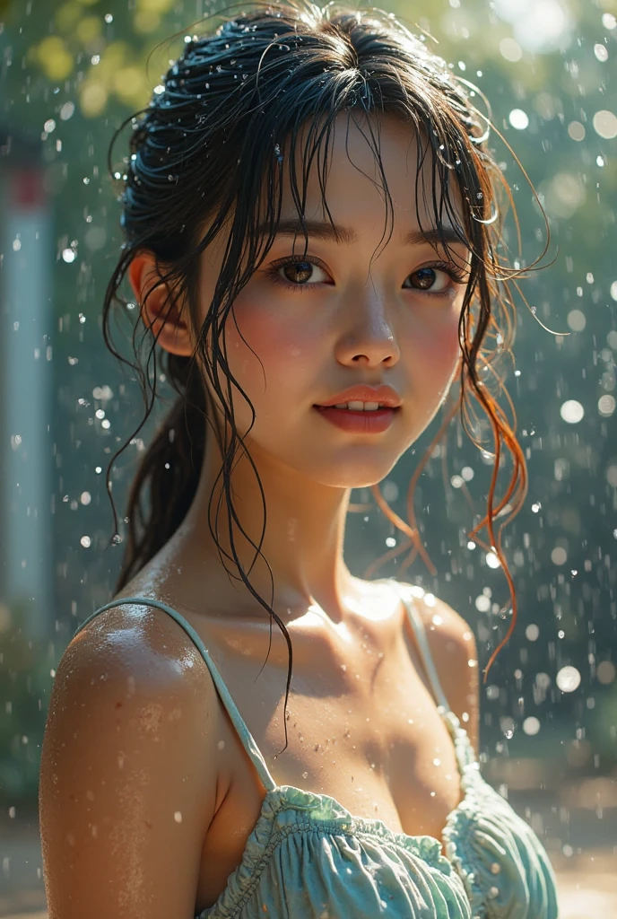 RAW photos:1.2), (realistic), ((jogging along a path)), ((A face and body drenched in milky liquid:1.3)), upper body shot, beautiful detailed girl, very detailed eyes and face, beautiful and delicate eyes, huge file size, high resolution, very detailed, best quality, very detailed, fine details, best quality, 8K wallpapers, Natural light illumination, 15-year-old sister, ((in the forest)), bright background, sleepy expression, messy hair, slim body, young face, immature body , Sunlight lighting, ((White tank top)),
