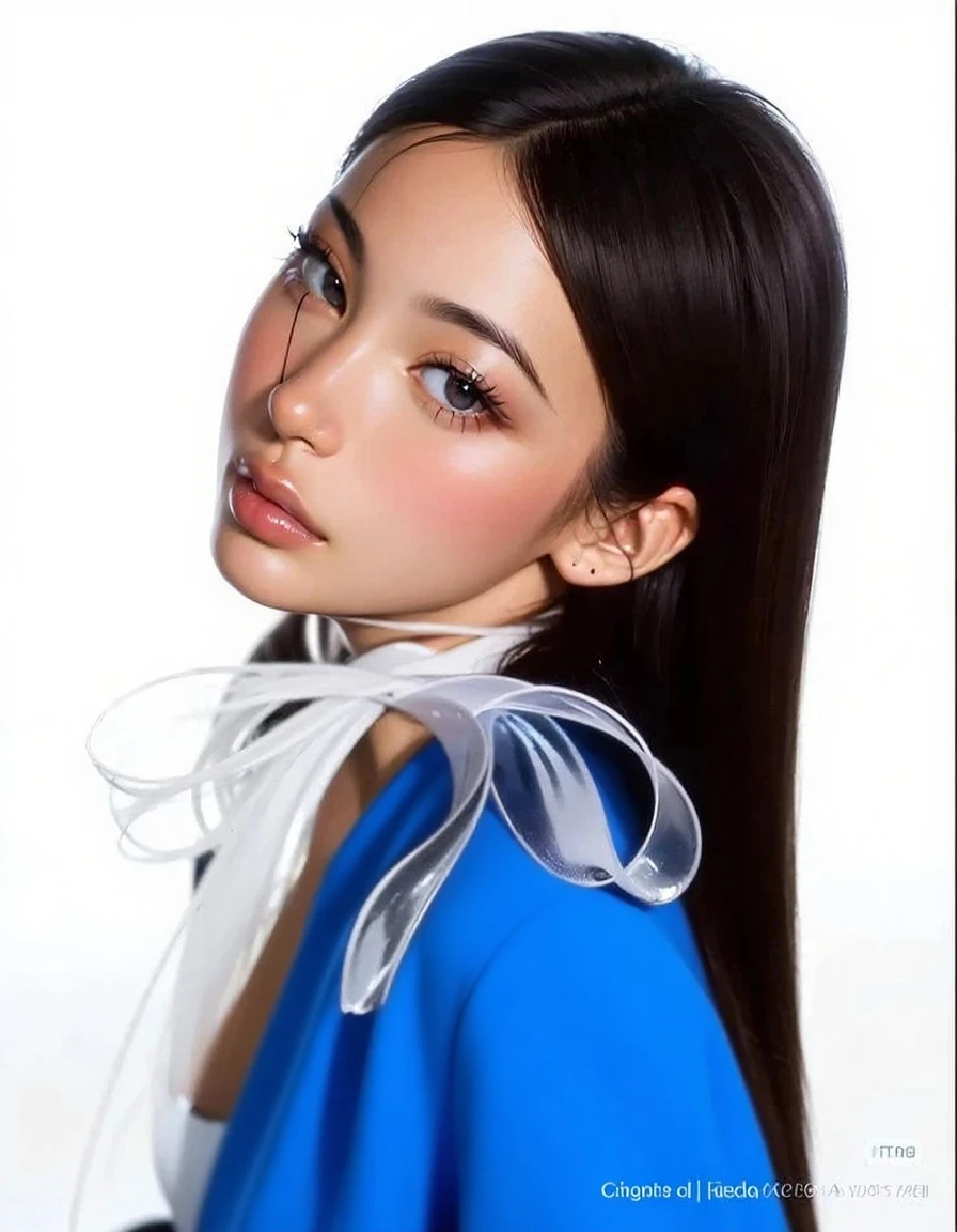1girl, tohsaka rin, solo, long hair, sweater, red sweater, looking at viewer, blue background, black hair, simple background, two side up, turtleneck, blue eyes, lips, closed mouth, ribbon, hair ribbon, bangs, turtleneck sweater, upper body, parted bangs, black ribbon, ribbed sweater, twintails, nose,