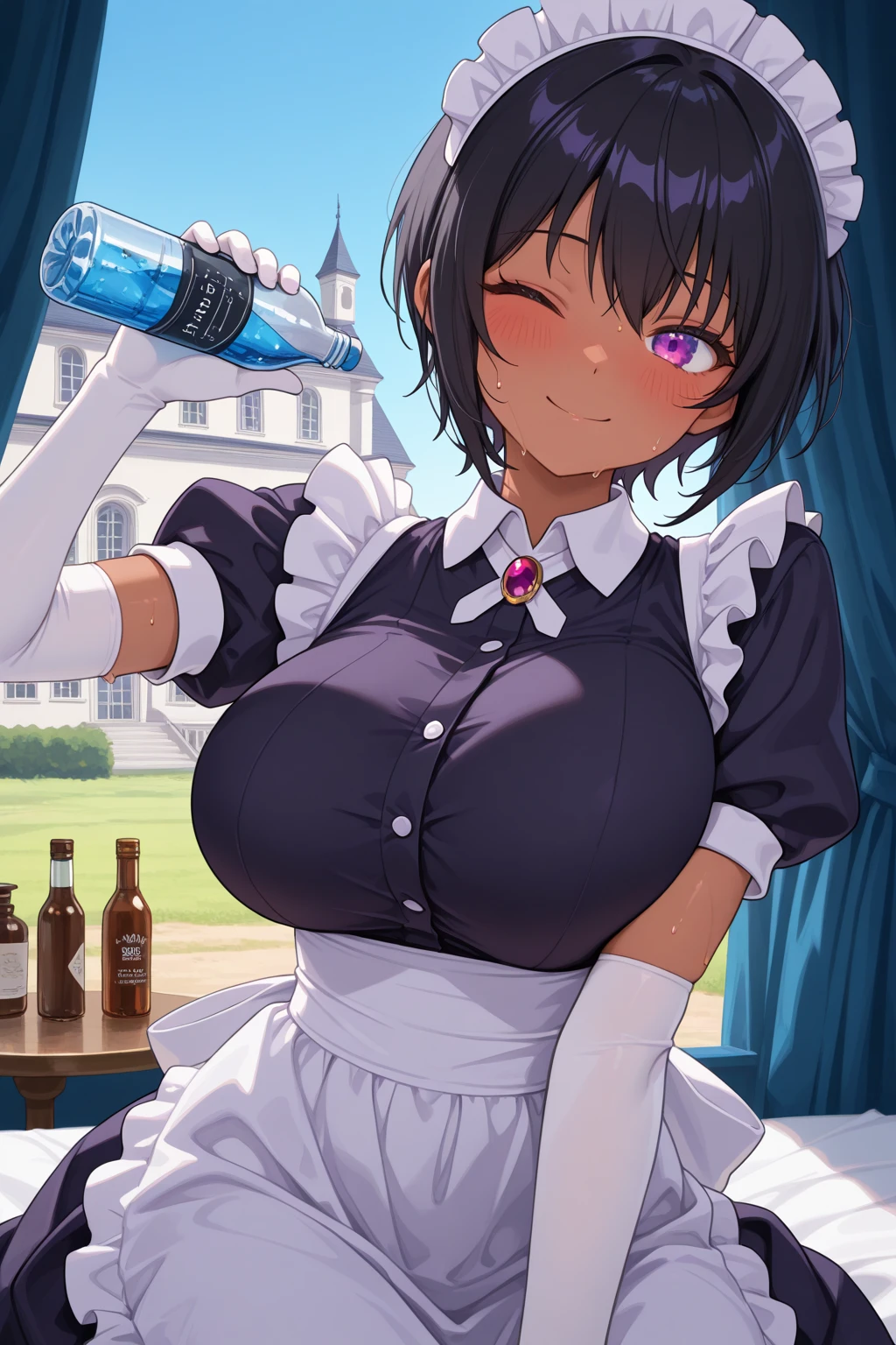 One Woman、beautiful girl、Maid、20-year-old、Bobcut、Western-style building、Maidの制服、Maidカチューシャ、Short skirt、Black Pantyhose、Highest quality, smile,Big Breasts、Very big 、Boob Tray、Poses that emphasize the breasts