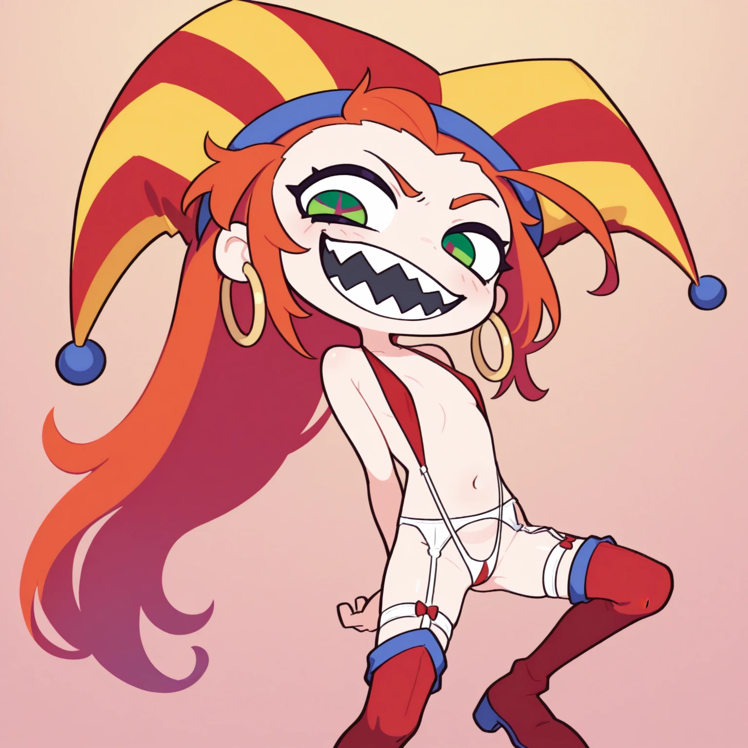 Vicky, vicky, orange hair, solo, midriff, pink eyes, lipstick, thick eyebrows, nude, red gag, Blushing, frowning, Bondage and BDSM, Whole body, kneeling position on the floor, Ball Gag, red gag, Arms behind back, arms tied, bdsm, bondage, bound, bound legs, shibari, rope, spread legs, barefoot, arms behind back, bondage shibari, saliva, drooling, excessive saliva, pussy vibrators, Takate Kote, Panting, ((Blindfolded eye, Blindfold around the head )), Cat position, Nipple piercing,