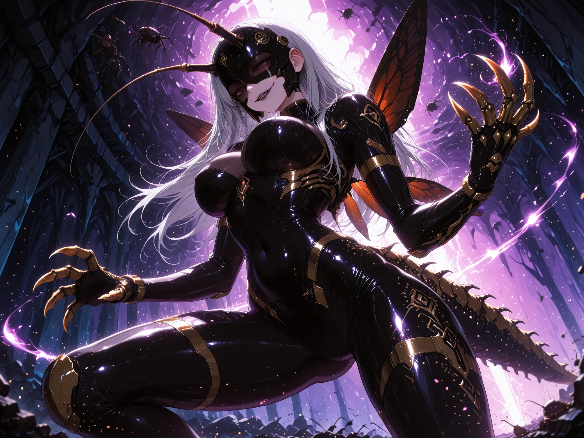 (Illustration of a fast-flying hornet:1.2)、A devil that combines creepiness and beauty、Atrocious、cruel、offensive、Dweller of Darkness、beast、Fusion of man and wasp、fullllbody、(The human:0.4 | hornet:1.8)、Woman in bee armor、Furiously piercing with a poisonous spear in the hand