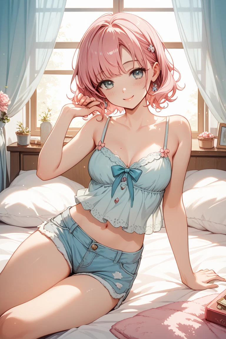 8k,Highest,quality,(highest quality:1.1), (masterpiece:1.4), (Confused:1.0), 
1 person, Deviluke Type, hair ornaments, Bobcut, Short Hair Pink Hair, Purple eyes, Tight waist,Medium chest,  (((  camisole ))),((White panties)),Underwear only,((bed)),((In her room)), (blush:1.2), smile,（Perfect Fingers）,