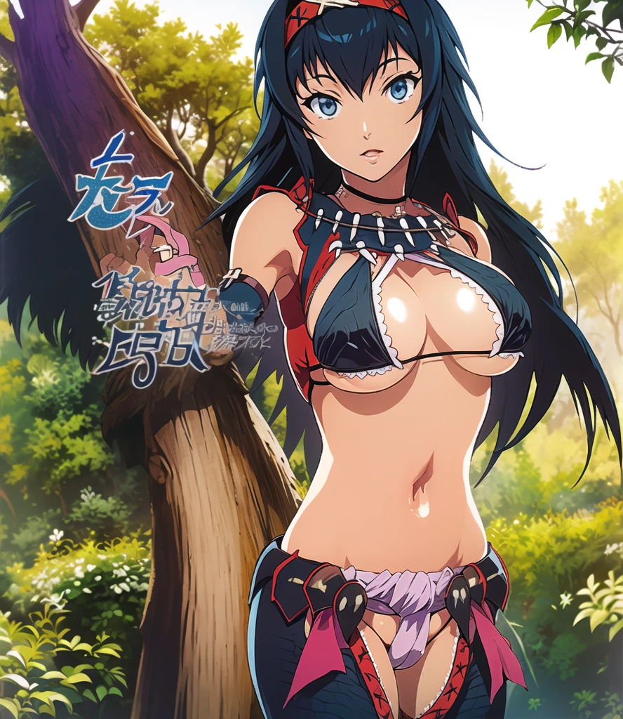 ((Master piece)), best quality, 1girl, solo, Kagome Higurashi, 25 years old, matured face, beautiful detailed eyes, ultra detailed eyes, extremely detailed face, large breasts, cleavage, very busty, big hips, She stands tall while wearing a red Kunoichi dress, pelvic curtain, arm guards and gloves. she's looking directly at the camera with an confident smirk. Her gaze is both alluring and fierce. BREAK outdoors, green forest,