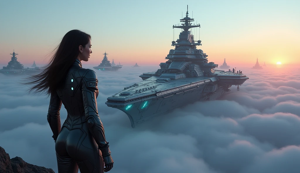 There's a woman in a futuristic dress in front of a bunch of people, large dieselpunk flying airships, drible, inspirado em Gil Elvgren, fantasia paladin mulher, inspirado por Mark Brooks, [ Bolhas, portrait of helen of troy, sci - fi : :, Armadura dourada