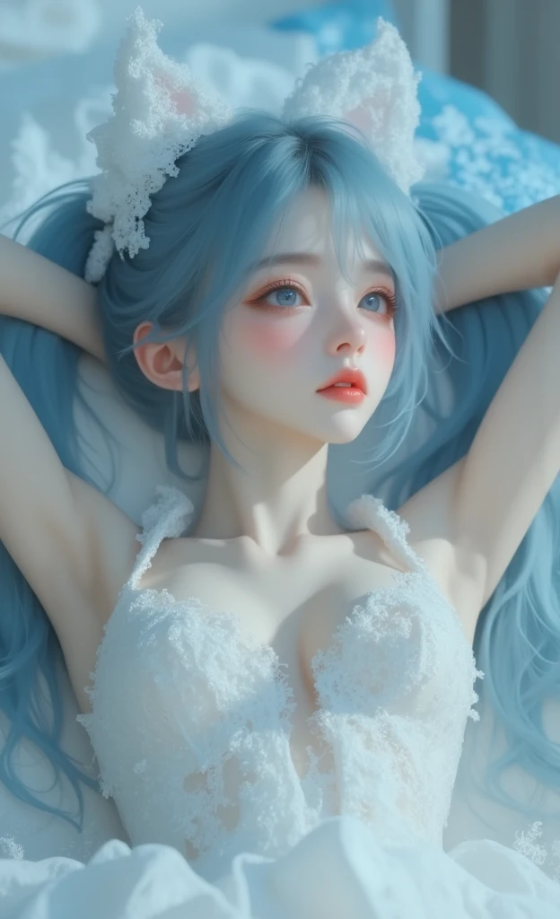 Japanese Junior High School Girl、White bodysuit、The whole body can be seen from directly below、Delicate body、flat chest、lightblue hair