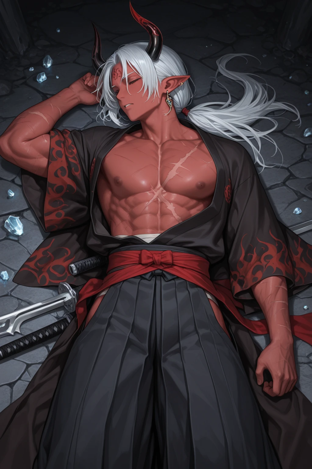 boy, white hair, long straight hair, red eyes, wild smile, sharp teeth, pointed ears, fair skin, black shirt, green cargo pants, red tribal tattoos, facial red tattoo, bone necklace., high quality, high details, 4K, anatomically correct