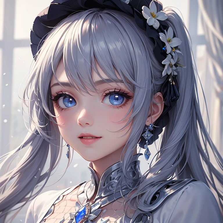 pphotorealistic, high resolution, 1 girl, blue long hair, beautiful eyes, normal breast, ganyu clothes,gloves, horns, neck bell, pantyhose, purple eyes, sidelocks, tassel, white sleeves,(ganyu \(genshin impact\))