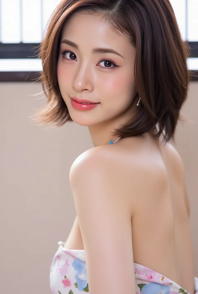 (1 Female only):1.5, (sauna:1.3), (whole body:1.3), (bun hair, dark brown hair), (highest quality, Photoreal:1.4, table top:1.3, RAW photo:1.2, cinematic light, highly detailed illustrations), (A very carefully drawn face, Super beautiful maid, super delicate eyes, super detailed stuffy nose, super detailed mouth, highly detailed facial features, Super detailed body, hip details, Detailed thighs), (small breasts:1.3), from the front, naked portrait,
nude photography, shiny nipple, (sweat a lot), (sitting on a wooden bench), leaning forward, smile:0.8, Light and shadow