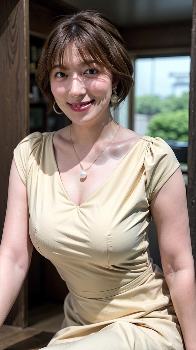 ((Highest quality)), ((8K)), ((masterpiece:1.3)), (Perfect look), (Photorealism:1.6), (JMA), (KE), (The back view of a Japanese mature woman), (振り向くJapanese women), (Outdoor event venue: 1.2), (Large crowd), Japanese women, 60 years old, ((Realistic skin texture)), (Fine wrinkles appear all over the skin: 1.3), (Dullness: 1.1), (Unmoisturized skin: 1.2) , (Facial wrinkles: 0.9), (Wrinkles around the eyes: 1.2), double eyelid, Lower eyelid tear trough, The eyes are looking here, (Dimples: 1.2), BREAK(Red lips),BREAK 短い前髪, short hair, (Blonde Hair), (Smooth Hair), Lips open, Open mouth and smiling with the corners of the mouth turned up, (Pale yellow ascot shirt), Irregular hem skirt, pumps, Small breasts, Small breasts, Flat Chest, (Slimming), (whole body), View from the feet,