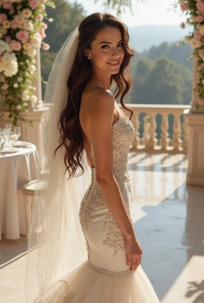 Realistic full body photo of a smiling brunette woman with long hair, ponytail hairstyle, She dances in front of the camera in a long A-line wedding dress with straps made of shiny satin., Park,glamour fotoshooting, Wedding celebration, perfect anatomy, perfect brown eyes. Perfect hands with 5 fingers on each hand, Matching girl, looking at the camera, 1 Frau. (Eye make up:1.1), (highly detailed skin:1.1), spirit, analog style, keen focus, 8K UHD, dslr, good quality, Fujifilm XT3, Grain, Award-winning, masterpiece. Wedding celebration