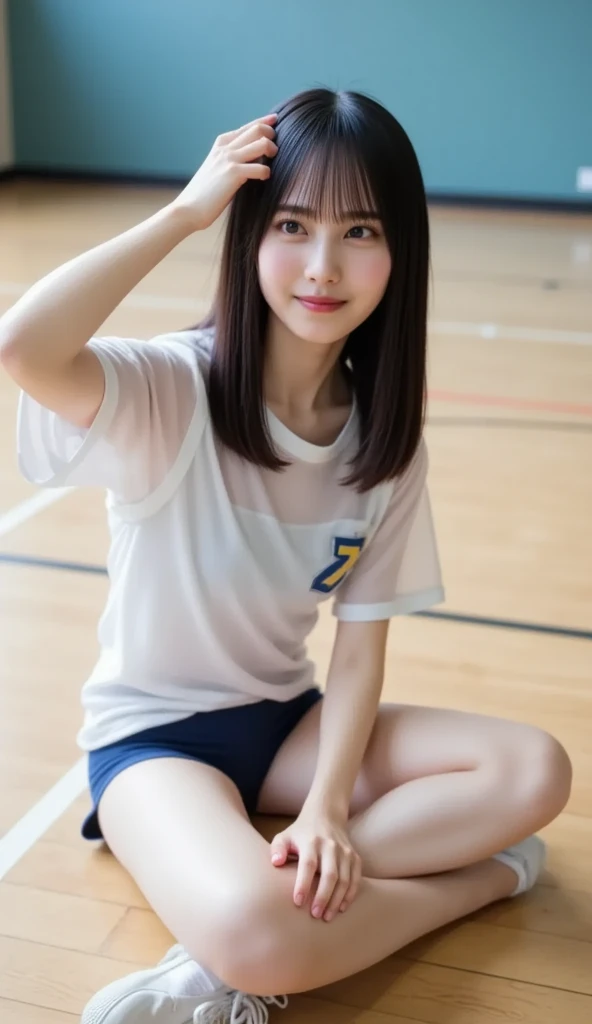 Sit up,年轻,white short pants,Long T-shirt,teens girl,Delicate body,petite body,Delicate body,small tits,tiny chest,A dark-haired,Very Longhair,Sports hall