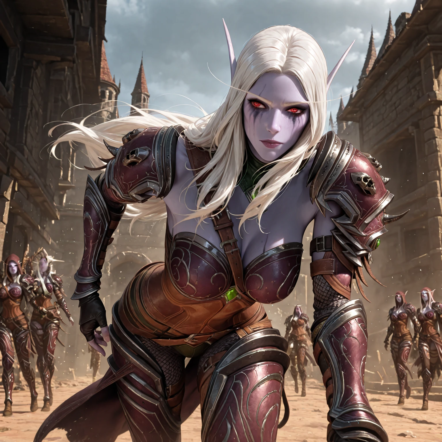 xsylvanasx, white hair, long hair, red eyes, elf, pointy ears, runny makeup, undead, в полный рост, Push forward.