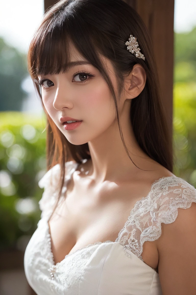 Random posture、(extremely delicate and beautiful work)、(masterpiece)、One girl、Highly detailed and elegant((Wedding Dresses))、tiarra、A highly detailed、Warped ponytail、A smile、Beautiful and clear eyes、Green pupil、delicate necklaces、Delicate earrings、Simple blurry background、Description of extreme details、Beautiful fece、A charming、delicated face、Delicate figure、Beautiful breasts、thin clavicle、Beautiful lips、mix4、(8K、Raw photography、top-quality、masterpiece:1.2),1girl in,Cute,Cityscape, , Wetty, Professional Lighting, physically-based renderingt, full body Esbian、the most beautiful in the world、乃木坂アイドル、韓国アイドル、hposing Gravure Idol、女優、