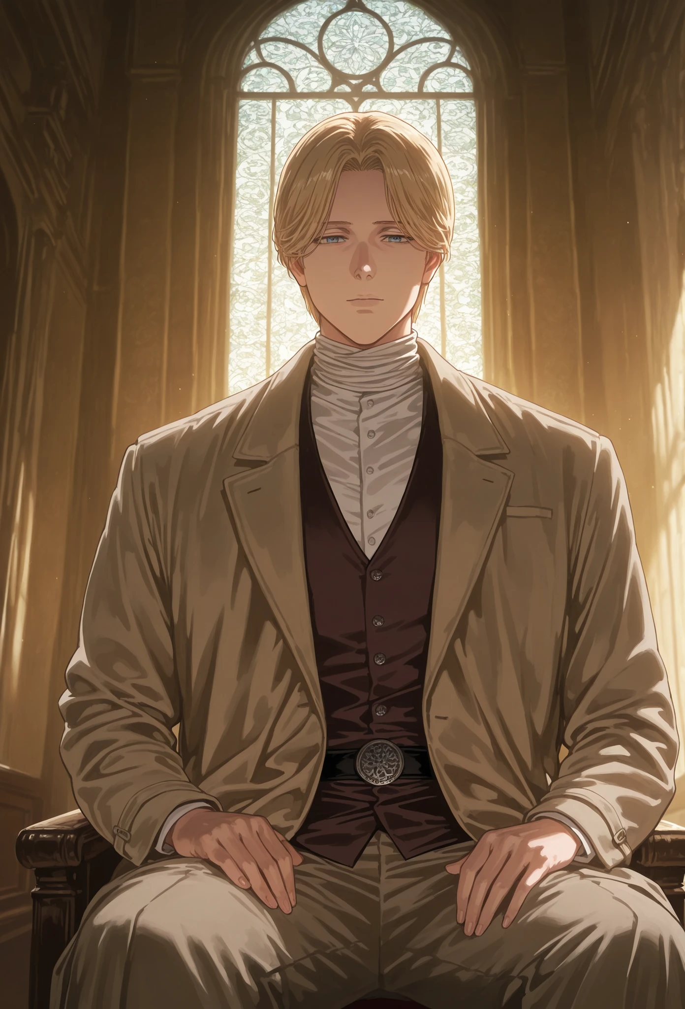 johan liebert, solo boy, wearing black sweather, brown coat, indoors, palace interior, day, sitting ,intimidant look, killer look, vivid colors, light trough window, looking at viewer, blue eyes