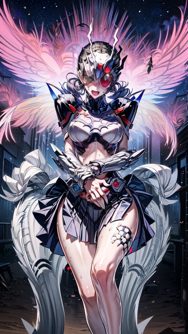 realistic, photo shoot ,(valkyrie,paladin:0.6)beautiful design, shiny,((masterpiece, best quality)),big breast,, slim body,black hair,angel wings,complex,,korean(high quality background is inside night empty ruin church) ,(high details) ,cinematic lighting