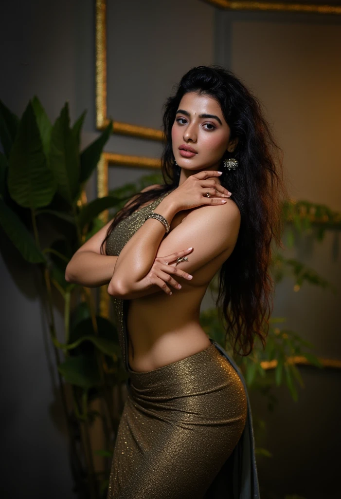 seductive big breast,Extra long shiny thick hair till knees, ultra-detailed, ultra realistic. upper half body of (A hyper-realistic), (illustration), (high resolution), (8K), (highly detailed), (The best illustration of beautiful detailed image), (top-quality), (ultra-detailed), (​masterpiece), (beautiful attractive face), very long shiny thick hair, Earrings with bangs, ((20 year old Indian beautiful girl)) , (((Glamorous body))) , standing straight Elegant Pose, Seduction pose, perfect figure.