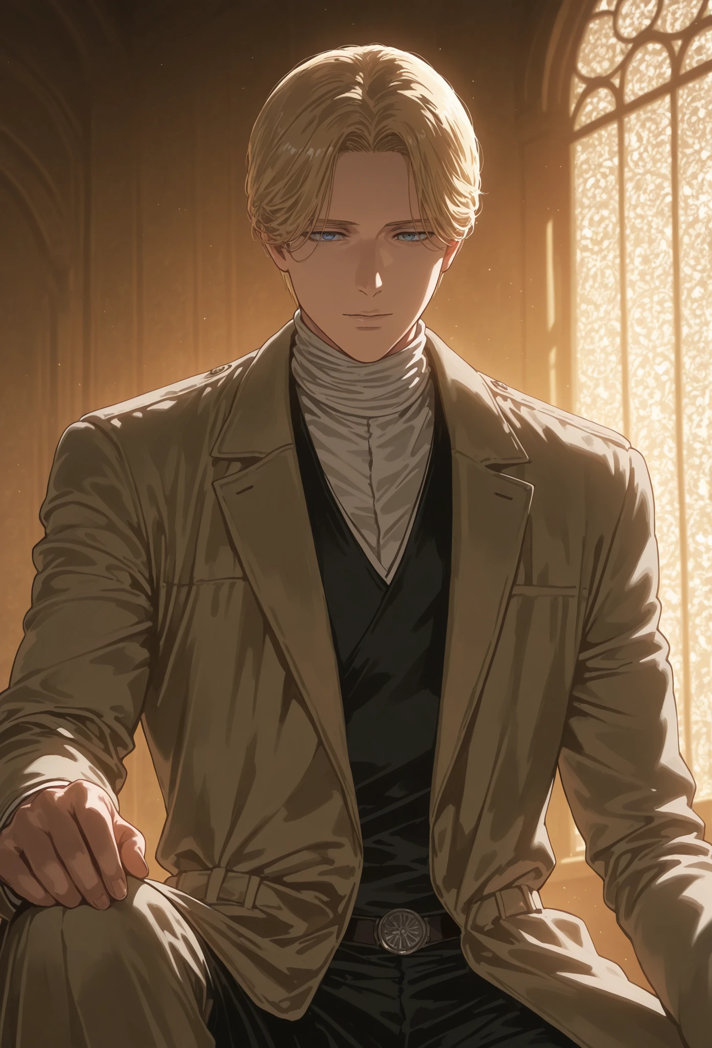 johan liebert, solo boy, wearing black sweather, brown coat, indoors, palace interior, day, sitting ,intimidant look, killer look, vivid colors, light trough window, looking at viewer, blue eyes