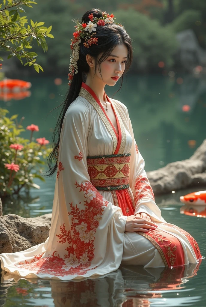 White and red shrine maiden outfit、Adult Beautiful Priestess、Black Hair Upstyle、((whole body))、(((Photo taken from below)))、The background is the riverbed
